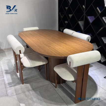 غرفة طعام خشب زان و قماش بندا 7 قطع - بني و أوف وايت